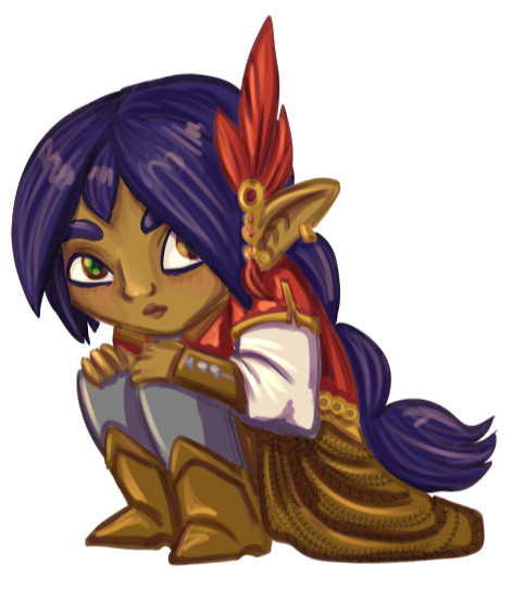 A brown skinned half elven man with hazel eyes and a long ear sits in a crouched position. His long black hair is tied in a braid and reached the ground. He wears a red and gold coat over a white tunic with brown bracers. He has a brown decorated sarong ar