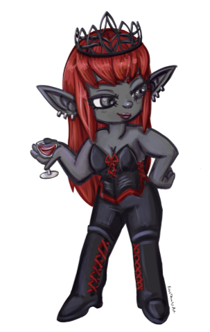 Alauntree Chbi Commission A grey skinned drow woman stands with a hand on her hip and her free hand holding a glass of wine as she looks to the side. She wears a black and red corset, black pants and black boots with red lacing. Her long hair is a deep red and upon her head is an i