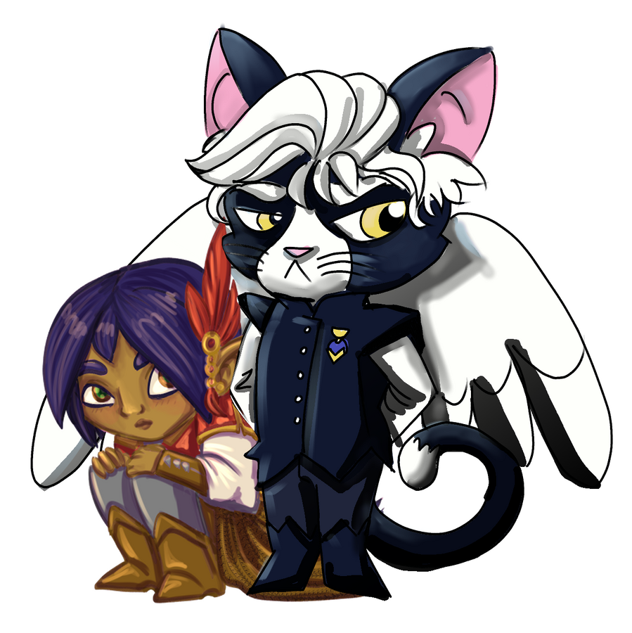 Islington is a black and white cat anthro with short white wind swept hair, yellow eyes and white markings on his face. His eyes are yellow and he looks to the side looking slightly annoyed. He has huge white angelic wings on his back and is dressed in a b