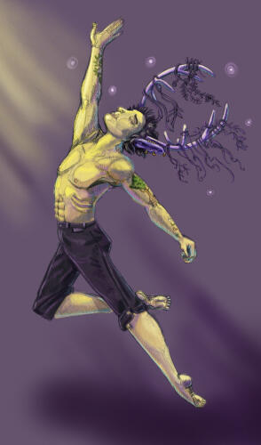 A pale skinned pan prances wildly with his arm up and head thrown back. He has short black hair with large deer like antlers covered in purple vines and surrounded by dancing fireflies. He is shirtless but wears cropped black pants and no shoes.