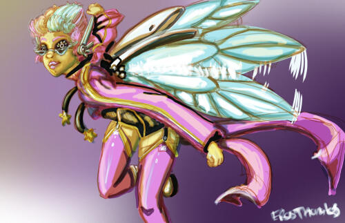 A quick colored and rendered sketch of a bright yellow skinned (like an emoji color) Sprite with large black robotic eyes, white and black antennae and large white and blue insect like wings is pose din a way to look as if they are flying away. They wear a