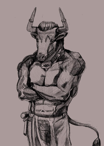 Dergo the Minotaur A rough sketch of a bare chested Minotaur with large horns stares straight ahead with arms crossed over his chest. He has a scar down his left eye and wears a collar and a metal plate around his neck. Around his waist is a blacksmiths apron with a hammer.