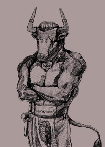 A rough sketch of a bare chested Minotaur with large horns stares straight ahead with arms crossed over his chest. He has a scar down his left eye and wears a collar and a metal plate around his neck. Around his waist is a blacksmiths apron with a hammer.