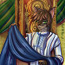 A Torbi colored cat Furre with bright green eyes named Aenn holds up fabric that he sells to be inspected.