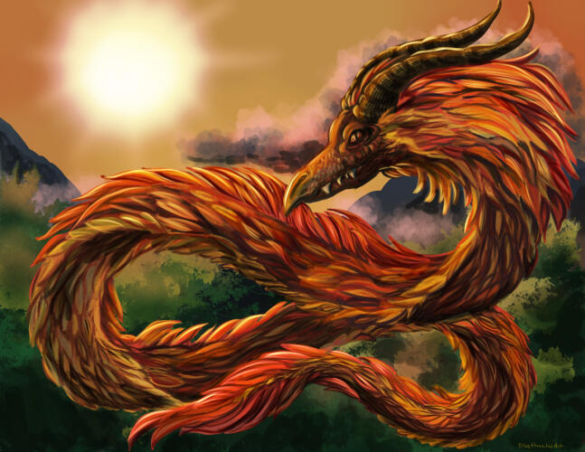 Izalco Painterly Commission A feathered serpent with large horns and warm red, orange and yellow colors flies in the air before a dense forest. the sun sets in the background.