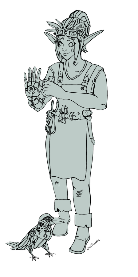 Vahn Lineart Commission Plain Line art of an elven man with his hair pulled back in a messy pony tail, his bangs messed up by the goggles he has pulled up on his forehead. He wears simple clothes and a craftsman's apron that has tatters and tears in it as he works on his right ha