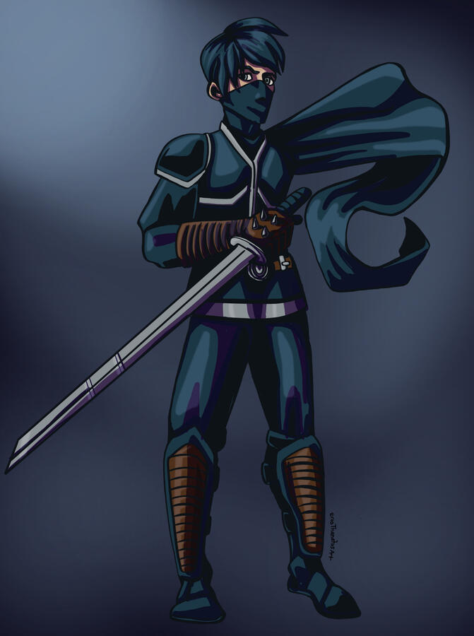 A ninja with heavy line art and simple cell shading stands with one arm back to where you cannot see and his other arm holding a sword forward. His scarf billows behind him.