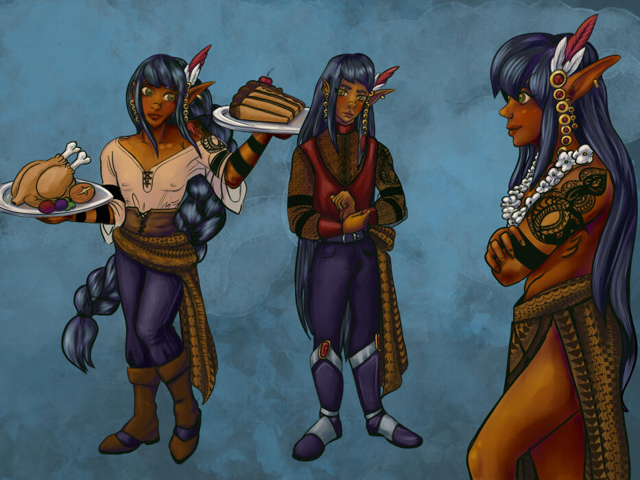 A fully colored and lightly rendered reference sheet of a Half elven man with one long pointed ear in three different outfits and poses. Two are front facing and one is a side profile.