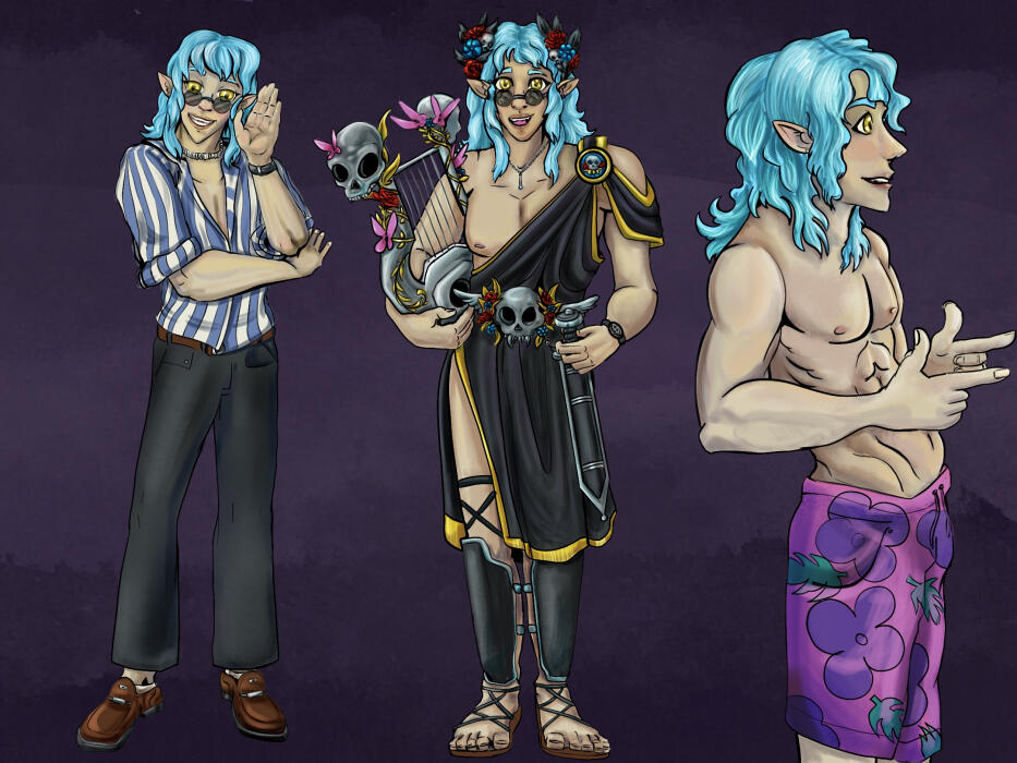 A Greek God with bright blue hair in three different outfits, two are front poses and the third one is a side profile
